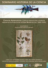Seminario de Historia de la Ciencia: "Ciencia Amanuense: Cultura manuscrita e historia natural en la Francia de la Edad Moderna (ca.1660-1830)"